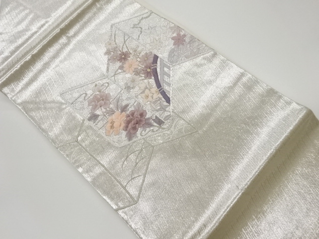 リサイクル　新装織物製　屏風に花々模様刺繍名古屋帯